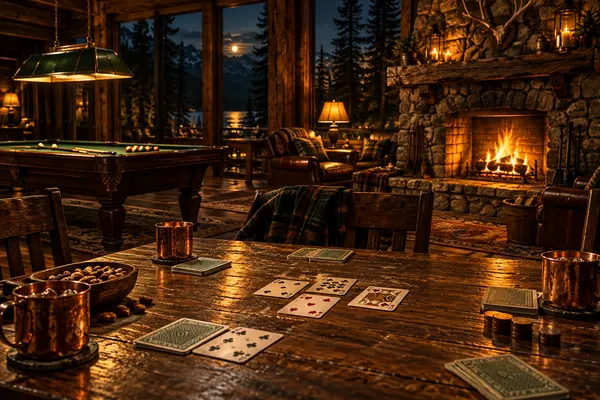 A lodge card table mid-game by the fire