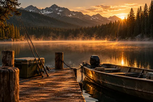 A fishing boat at a misty dock at sunrise