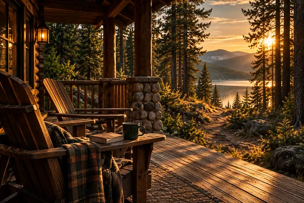 Two porch chairs facing the pines at golden hour